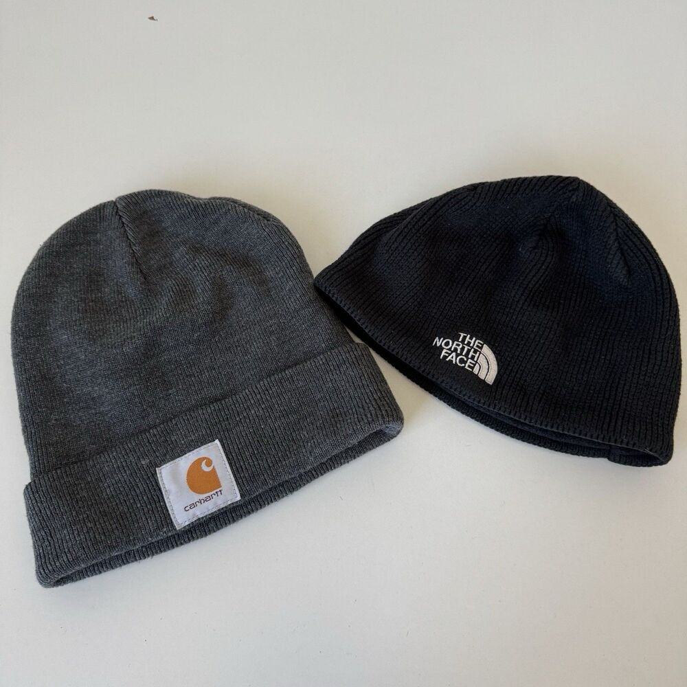 The North Face Black Beanie and Carhartt Gray Cuffed Knit‎ Beanie Bundle